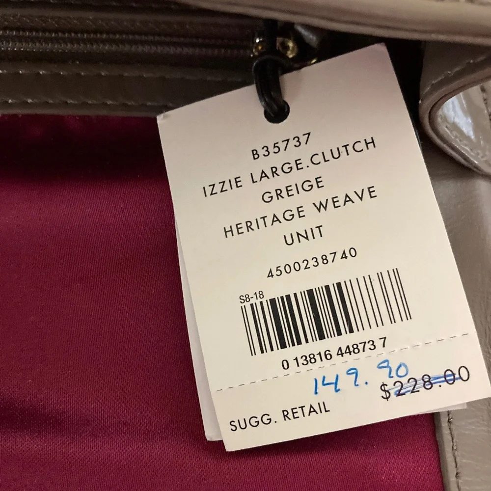 Cole Haan Izzie Clutch/Greige Suede/Heritage Weave/NEW/$228 RETAIL/NEVER USED!